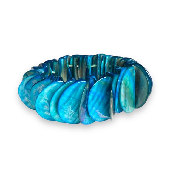 Mother of Pearl Bracelet Stretch Blue Half Disk Shells C14Q‎ - Picture 1 of 8